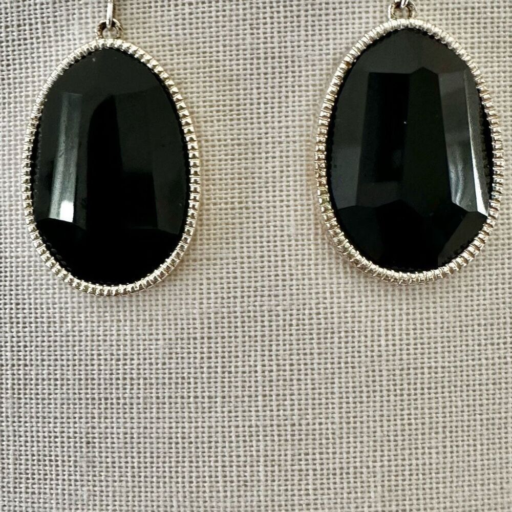 Black and silver tone oval drop earrings